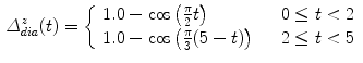 $$\begin{aligned} \varDelta _{dia}^z(t)=\left\{ \begin{array}{ll} 1.0 - \cos \left( \frac{\pi }{2}t\right) &{} \quad 0 \le t < 2 \\ 1.0 - \cos \left( \frac{\pi }{3}(5-t)\right) &{} \quad 2 \le t < 5 \end{array} \right. \end{aligned}$$