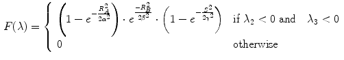 $$\begin{aligned} F(\lambda )=\left\{ \begin{array}{ll} \left( 1-e^{-\frac{R_A^2}{2\alpha ^2}}\right) \cdot e^{\frac{-R_B^2}{2\beta ^2}} \cdot \left( 1-e^{-\frac{S^2}{2\gamma ^2}}\right) &{} \;\mathrm{if }\; \lambda _2<0\; \mathrm{and }\quad \lambda _3<0\\ 0&{}\; \mathrm{otherwise } \end{array}\right. \end{aligned}$$