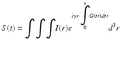 
$$ S(t)={\displaystyle \int \int \int }I(r){e}^{i\gamma r\cdot \underset{0}{\overset{t}{{\displaystyle \int }}}G\left(t\prime \right)dt\prime }{d}^3r $$
