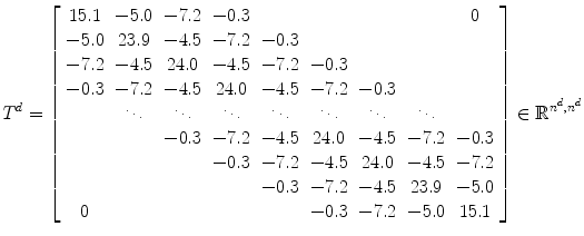 
$$\displaystyle{ T^{d}=\left [\begin{array}{*{10}c} 15.1 &-5.0&-7.2&-0.3& & & & & 0\\ -5.0 & 23.9 &-4.5 &-7.2 &-0.3 & & & & \\ -7.2&-4.5& 24.0 &-4.5&-7.2&-0.3& & &\\ -0.3 &-7.2 &-4.5 & 24.0 &-4.5 &-7.2 &-0.3 && \\ & \ddots & \ddots & \ddots & \ddots & \ddots & \ddots & \ddots &\\ & &-0.3 &-7.2 &-4.5 & 24.0 &-4.5 &-7.2&-0.3 \\ & & &-0.3&-7.2&-4.5& 24.0 &-4.5&-7.2\\ & & & &-0.3 &-7.2 &-4.5 & 23.9 &-5.0 \\ 0 & & & & &-0.3&-7.2&-5.0& 15.1 \end{array} \right ] \in \mathbb{R}^{n^{d},n^{d} } }$$
