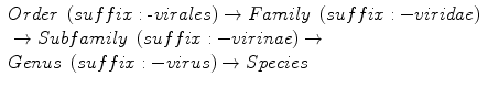 
$$ \begin{array}{l} Order\ \left( suffix:\hbox{-} virales\right)\to Family\ \left( suffix:- viridae\right)\\ {}\to Subfamily\ \left( suffix:- virinae\right)\to \\ {} Genus\ \left( suffix:- virus\right)\to Species\end{array} $$

