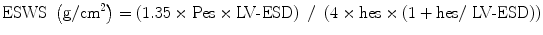 $$ \mathrm{E}\mathrm{S}\mathrm{WS}\ \left(\mathrm{g}/{\mathrm{cm}}^2\right) = \left(1.35\times \mathrm{P}\mathrm{e}\mathrm{s}\times \mathrm{L}\mathrm{V}\hbox{-} \mathrm{E}\mathrm{S}\mathrm{D}\right)\ /\ \left(4\times \mathrm{h}\mathrm{e}\mathrm{s} \times \left(1 + \mathrm{h}\mathrm{e}\mathrm{s}/\ \mathrm{L}\mathrm{V}\hbox{-} \mathrm{E}\mathrm{S}\mathrm{D}\right)\right) $$