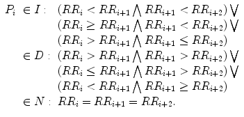 
$$\displaystyle{ \begin{array}{lll} P_{i}& \in I: &(RR_{i} <RR_{i+1}\bigwedge RR_{i+1} <RR_{i+2})\bigvee \\ & &(RR_{i} \geq RR_{i+1}\bigwedge RR_{i+1} <RR_{i+2})\bigvee \\ & &(RR_{i}> RR_{i+1}\bigwedge RR_{i+1} \leq RR_{i+2}) \\ & \in D: &(RR_{i}> RR_{i+1}\bigwedge RR_{i+1}> RR_{i+2})\bigvee \\ & &(RR_{i} \leq RR_{i+1}\bigwedge RR_{i+1}> RR_{i+2})\bigvee \\ & &(RR_{i} <RR_{i+1}\bigwedge RR_{i+1} \geq RR_{i+2}) \\ & \in N:&RR_{i} = RR_{i+1} = RR_{i+2}.\end{array}}$$
